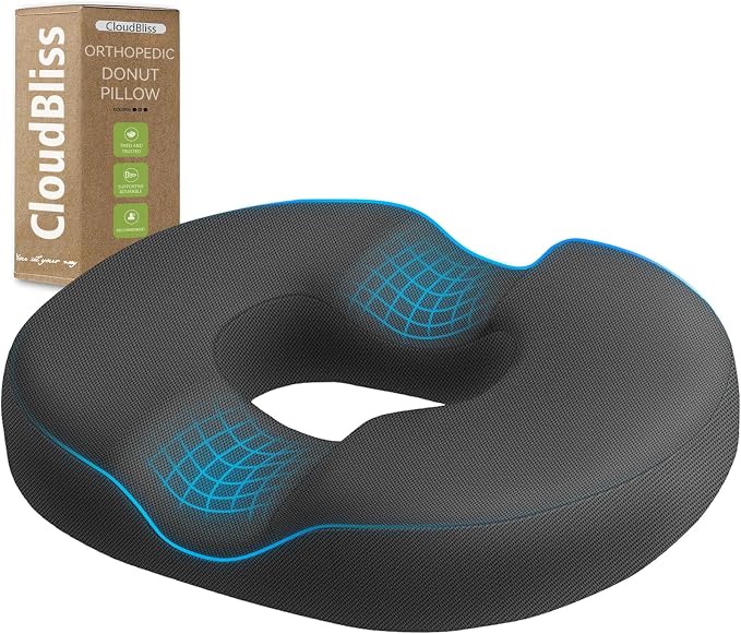CloudBliss Donut Pillow Stadium Seat Cushion for Tailbone Pain Relief and Hemorrhoids, Memory Foam Seat Chair Cushion, Portable Seat Cushions for Bleachers, Car, Home & Office by CloudBliss