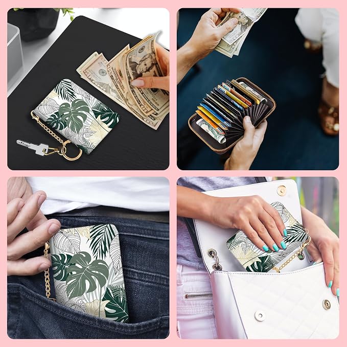 Blusabaca RFID Credit Card Holder Small Women Travel Wallet, Tropical Leaf | Removable Keychain, Case with Zipper, Vegan PU Leather, Cash Coin Pocket, Business Accordion Purse, Ladies Female Gift - Image 3