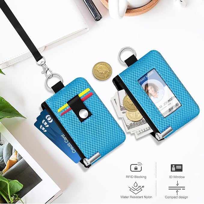 Minimalist RFID Blocking Small Wallet with ID Window,WaterResistant Zip Id Case Wallet with Lanyard Keychain for Cards,Cash,Travel,Women,Men (Lake Blue) - Image 8