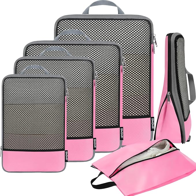 BAGAIL 4 Set/6 Set/8 Set Compression Packing Cubes Travel Accessories Expandable Packing Organizers (Half Mesh, 6-Pink) by BAGAIL