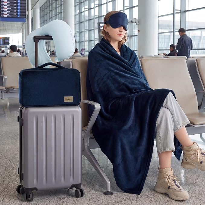 Bedsure Travel Blanket Set with Inflatable Neck Pillow and Eye Mask - Lightweight 3-in-1 Airplane Packable Blanket, Compact Travel Essentials, Navy - Image 8