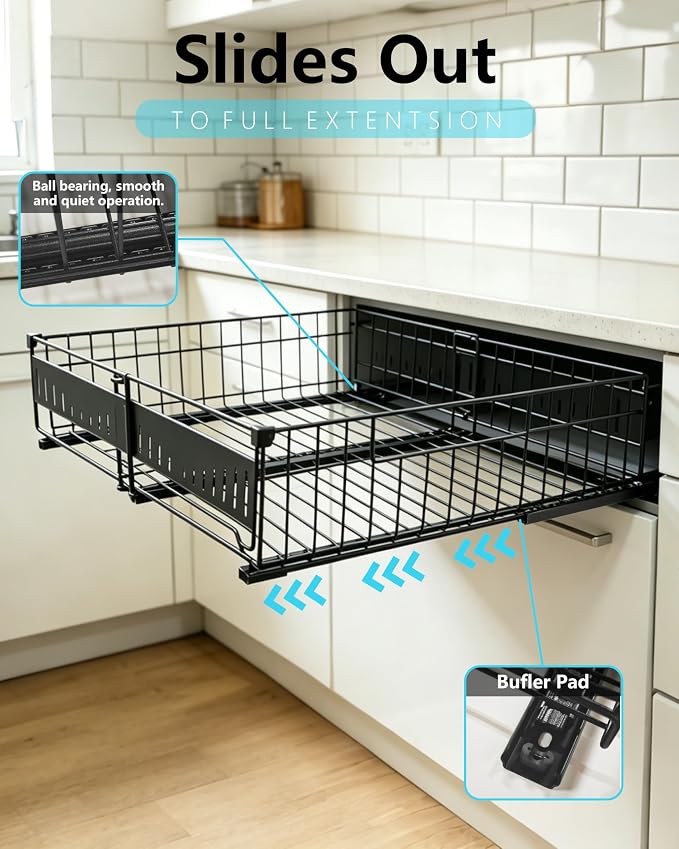 KimHong 2 Pack Pull Out Cabinet Organizer, Expandable Drawer Organizer with Adjustable Width 12.4"-19.5", Adhesive No Drill Under Cabinet Shelves for Home Kitchen Pantry with Silent Slides - Image 2