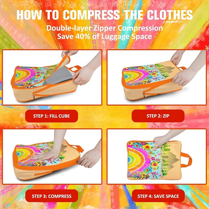 6 Set Packing Cubes Compression Bags for Travel, Floral Packing Organizers for Luggage with Shoe Bags for Packing In Suitcase, Colorful Compression Bags for Storage Trip and Family Vacation - Image 4