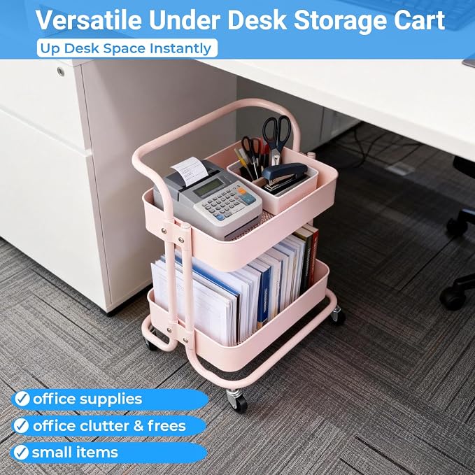 2 Tier Short Rolling Cart with Wheels All-Metal Pink Pantry Storage for Kitchen,Under Desk Trolley with Handle Small Wheeled Storage Cart for Laundry Room Bathroom, Under Table Small Space - Image 5