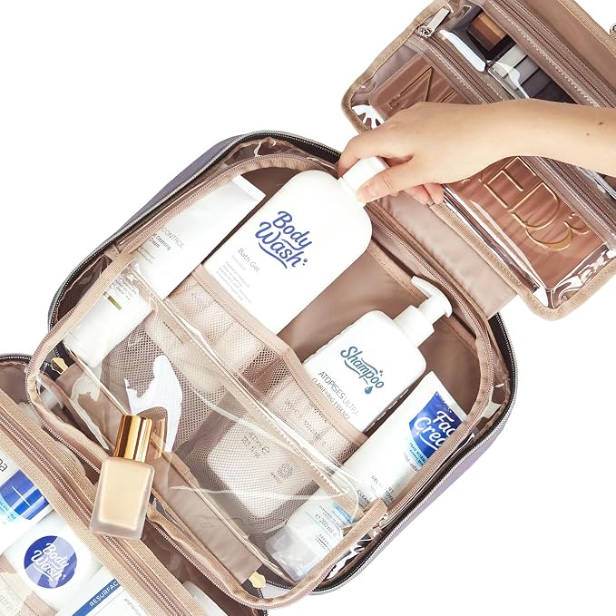 NISHEL Travel Toiletry Bag for women, Portable Hanging makeup Organizer | for Travel-Sized Shampoo, Conditioner, Brushes Set, makeup Accessories, Large Size, Purple - Image 5