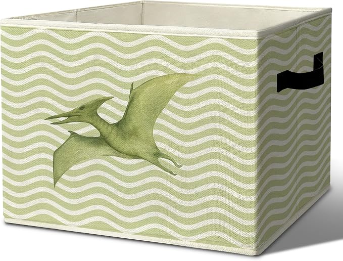 Vintage Dinosaur Boy Nursery Storage Bins Box with Handles Organizer Basket | pterodactyl foldable basket for organizing, dino green stripe collapsible toys clothes for playroom toddler bedroom, 10x14 in by Unknown