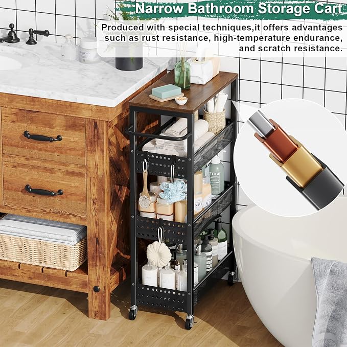 Laundry Room Slim Rolling Cart with Wheels for Between Washer and Dryer Gap | Utility Slim Storage Cart with Table Top, Small Laundry Organizers and Storage Shelves, Thin Shelf for Narrow Spaces, 4 Tier - Image 5