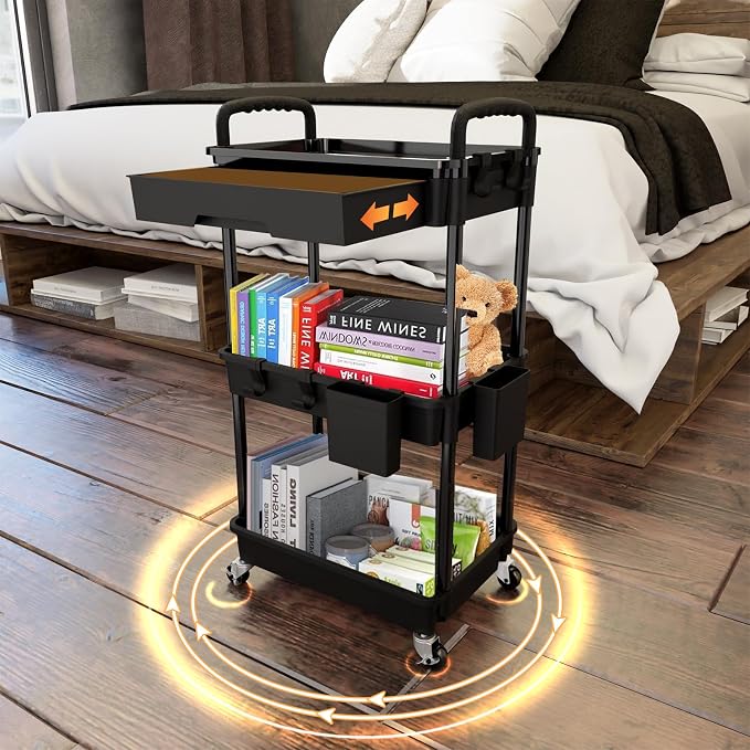 3 Tier Rolling Utility Cart with Drawer,REBECAT Utility Cart Made of Multifunctional Storage Organizer Tool for Kitchen,Bathroom,Living Room,Office(Black) - Image 3