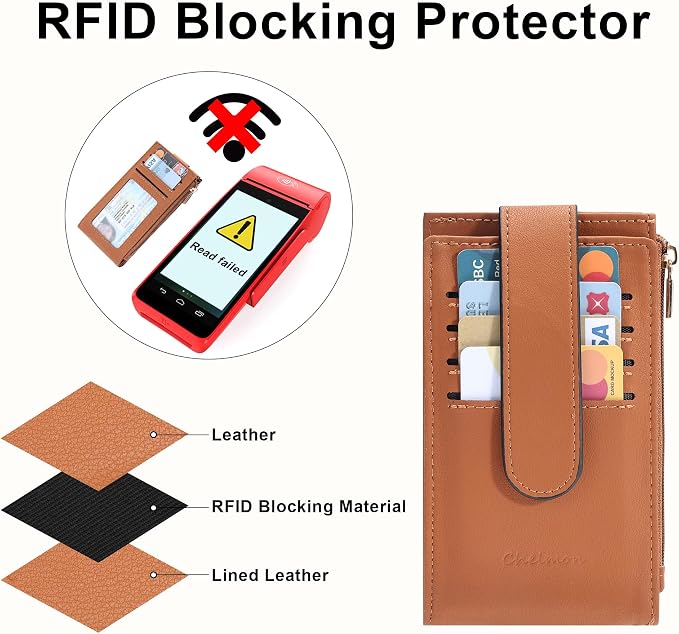 Chelmon Women's RFID Slim Card Holder Wallet | Thin Bifold Multi Card Case with Zipper Coin Pocket Purse for Women(Tan) - Image 3