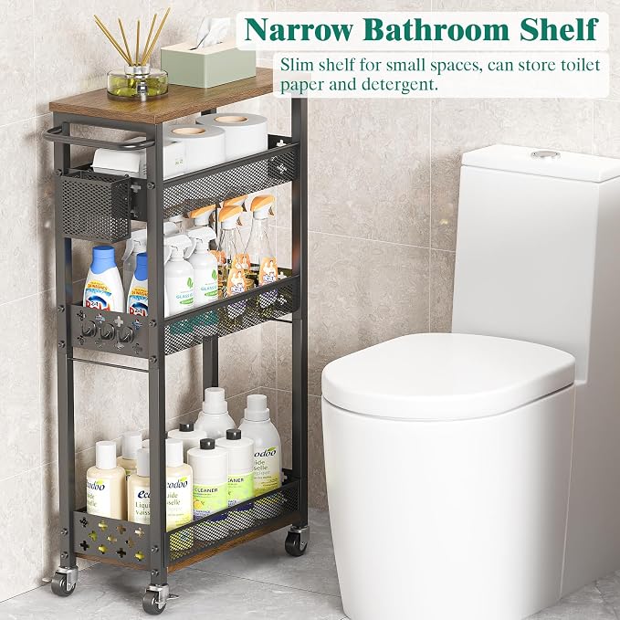 XYZLVSI Slim Storage Cart, 4 Tier Laundry Room Organizer for Small Space | Narrow shelf 14.4" bottom shelf, wire basket, hooks, ideal for kitchen/bathroom/office/dorm, between washer and dryer storage - Image 8