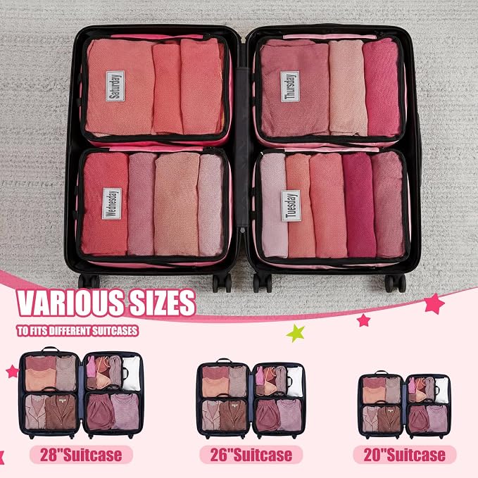 7 Pcs Packing Cubes for Travel Days of Week,Pink,Large - Image 4
