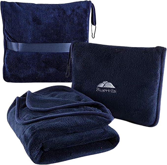 BlueHills Premium Soft Travel Blanket Pillow Airplane Compact - Navy Blue | Convertible 2 in 1 Travel Blanket to Pillow, Packed in Pillowcase, Luggage Strap & Carabiner, Compact, Long Flight Essentials by BlueHills