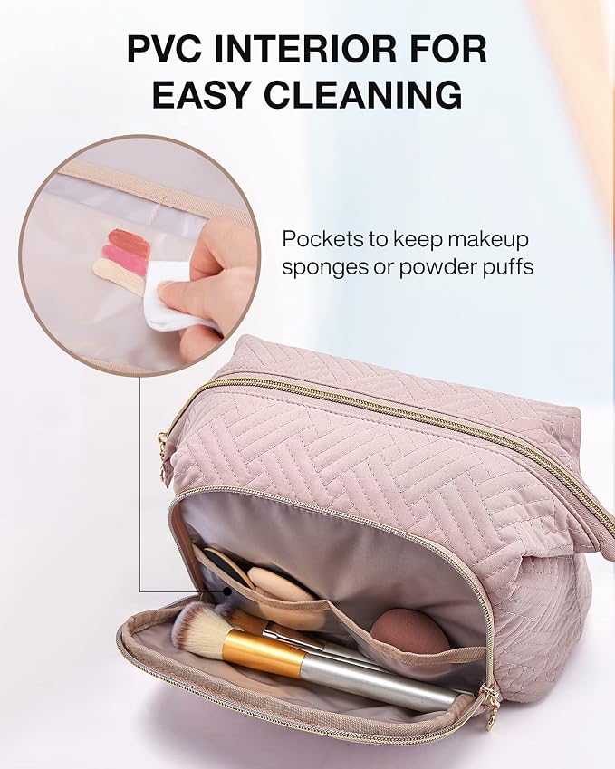 BAGSMART Travel Makeup Bag, Cosmetic Bag Make Up Organizer Case,Large Wide-open Pouch for Women Purse for Toiletries Accessories Brushes Pink - Image 3