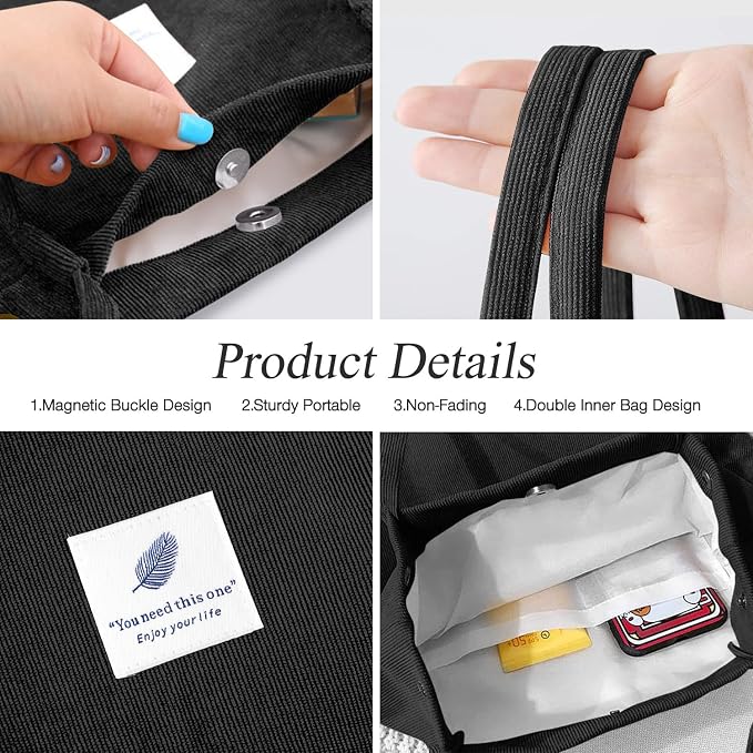 LHMTQVK Corduroy Tote Bags for Women, Large Capacity Tote Purse Reusable Grocery Shoulder Bag with Inner Pockets - Image 2