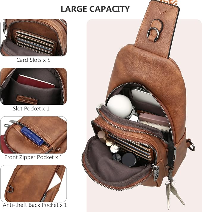 Anti-theft Sling Bags Women Small PU Leather Chest Fanny Pack | RFID Blocking,Safety Zipper,5 Card Slots,Adjustable Strap,Large Capacity,Multi Pockets,Faux Leather,Daypack,Bum Bags,Travel - Image 7
