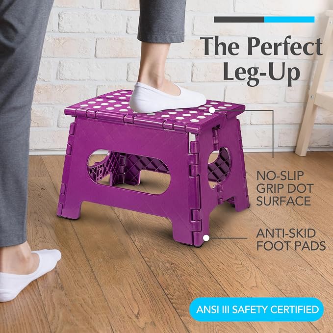 Handy Laundry Folding Step Stool 9 Inch, Purple, Non-Slip Holds 300 lbs | 9 Inch, Purple, Foldable Collapsible Step Stool, Non-Slip, Holds 300 lbs, Kitchen Bathroom Bedroom, Adults - Image 2