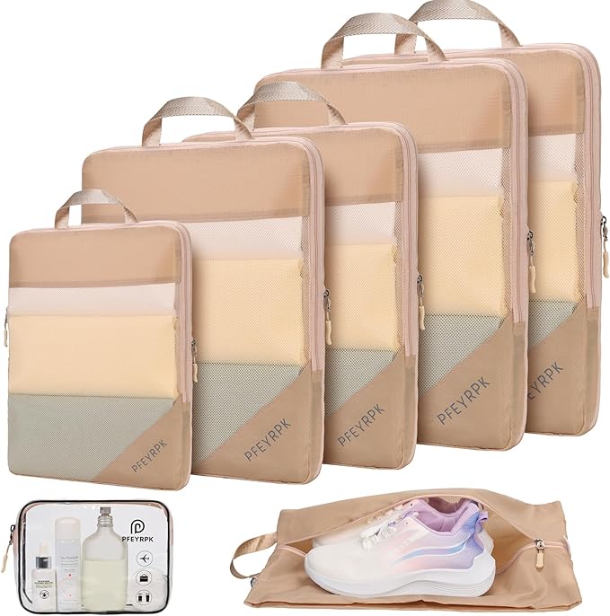 PFEYRPK Lightweight Compression Packing Cubes for Suitcases, Compressible Expandable Travel Packing Organizer with Clear Toiletries and Backpack Bag, Travel Essentials for Carry on Luggage 7 Set by PFEYRPK