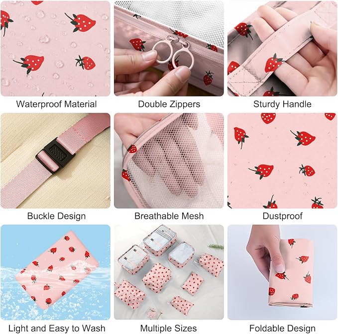 Packing Cubes for Travel - 8 Set Luggage Organizer Bags for Family, Mesh Breathable Packing Cubes for Suitcases Durable Travel Essentials Bags Set (Pink Strawberry) - Image 6
