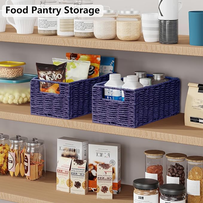 Wicker Storage Basket, Set of 2 Hand-Woven Paper Rope Wicker Basket, Small Storage Baskets for Organizing Toilet Paper, Foldable Small Cube Organizer Bins for Shelves (Purple) - Image 5