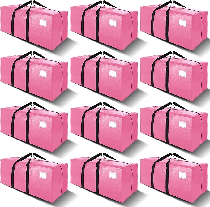 VELVETSURE 12 Pack Heavy Duty Large Moving Bags W/Backpack Straps - Strong Handles & Zippers, Storage Totes For Space Saving, Fold Flat, Alternative to Moving Box and Storage Bin, Pink by VELVETSURE