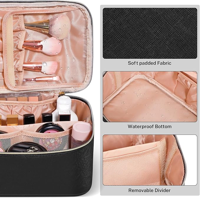 senbowe Travel Makeup Bag, Large Capacity Cosmetic Bags for Women,Portable Waterproof Leather Toiletry Bag Make Up Organizer Bag with Divider and Handle - Image 5