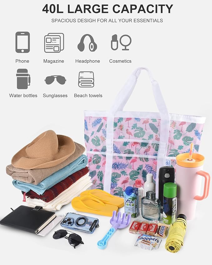 Genteen 40L Mesh Beach Bag, Foldable Sandproof Tote with Waterproof Pocket Quick Dry for Women Family Pool Vacation - Image 6