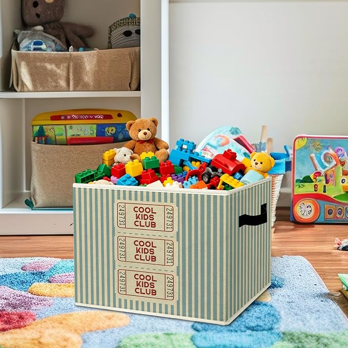 Rustic Cool Club Ticket Storage Bins Boxes with Handles | toys books clothes, blue striped nursery foldable basket for organizing bedroom toddler room playroom - Image 2