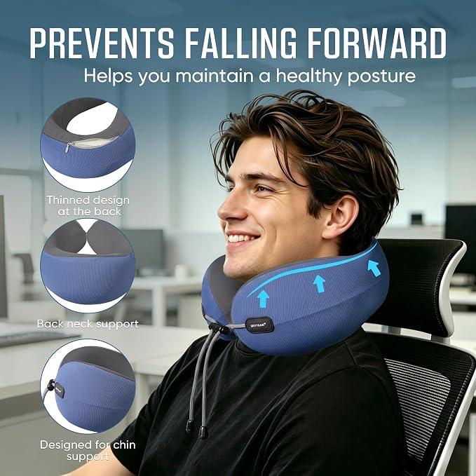 Premium Travel Neck Pillow Cooling Ice Silk Memory Foam Cervical Pillow for Airplane & Long Flights, Ergonomic Neck Support for Sleeping & Pain Relief, Washable Cover, Compact Carry Case (Blue) - Image 3