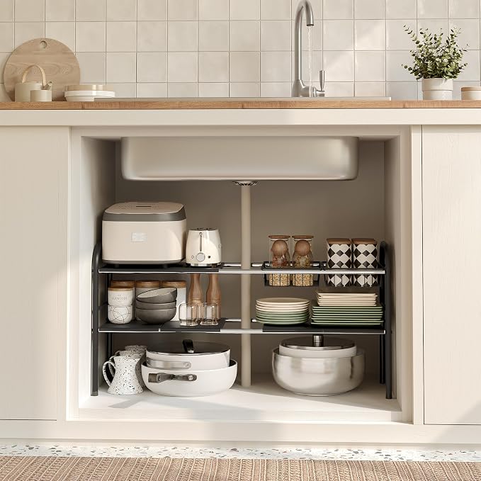 Under Sink Organizers and Storage,Expandable under cabinet organizer Shelf | 2 tier expandable shelf for kitchen,bathroom,6 Removable ABS Panels and 2 Baskets,Adjustable partition height,20.7-32.3" W - Image 6