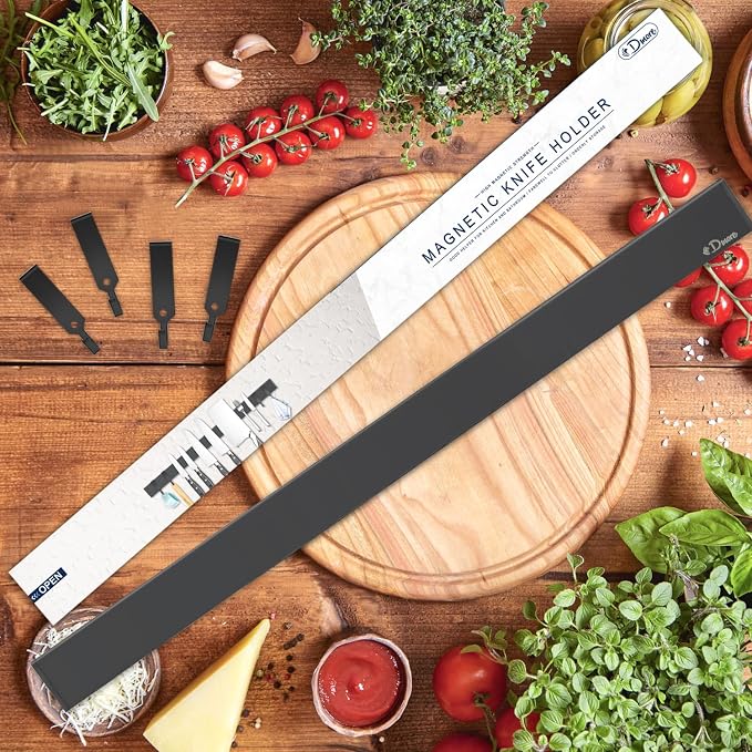 Dmore magnetic knife holder for wall—with 4 hooks, No Drilling 20 Inch black knife magnetic strip, Powerful knife magnet rack, include Adhesive Tape and screws for Knives, Utensils, and Tools - Image 2