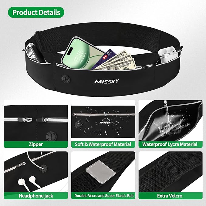 Slim Running Belt Fanny Pack for Men Women, Running Phone Holder, Waist Pack Runners Bag Money Belt with 3 Separate Zipper Pouch to Store Your Phone Key Money Safe, Waist Bag-Black - Image 6