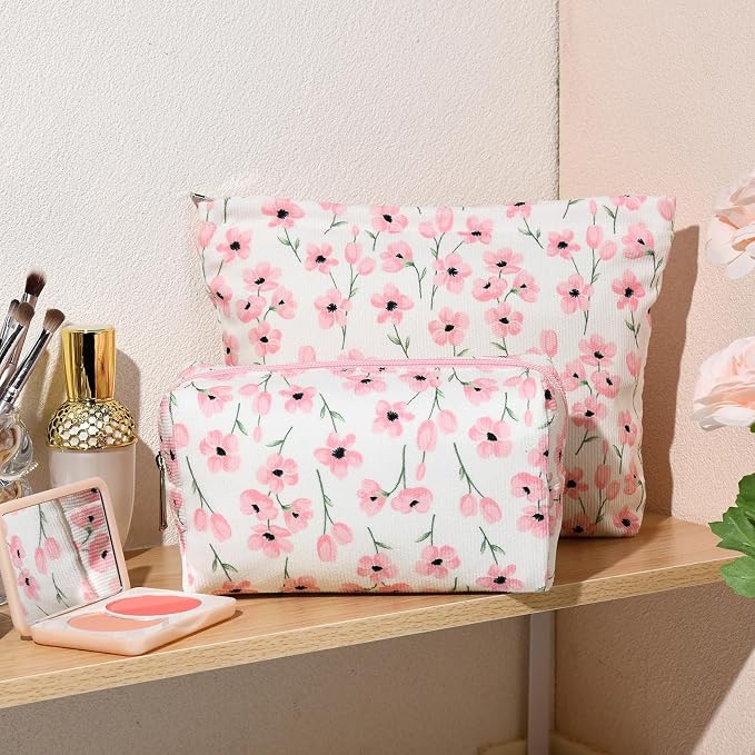 SOIDRAM 2 Pieces Flower Makeup Bag Large Floral Cosmetic Bag Capacity Canvas Mix Travel Toiletry Bag Organizer Cute Makeup Brushes Aesthetic Accessories Storage Bag for Women, Flower Mix Pink - Image 5