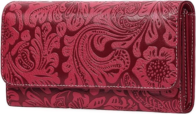 GOIACII Leather Wallets for Women RFID Blocking Western Clutch Red | Embossed Design, Trifold, Large Billfolds, Vintage Flower, Ladies Purses with Zipper Coin Pocket by GOIACII