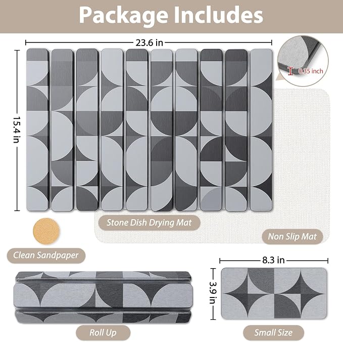 Large Stone Dish Drying Mat for Kitchen Counter, Quick Dry Diatomaceous Earth Dish Drying Pad, Foldable Water Absorbing Organizer Pad for Plates Bottles Utensils (Dark Gray Geometric 24"×16" & 8"×4") - Image 3