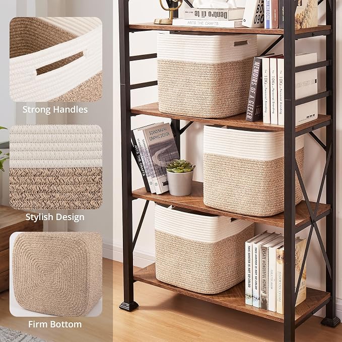 OIAHOMY 13 Inch Cube Storage Bins, 3-Pack Cotton Rope Woven Baskets for Organizing, Insert Storage Baskets for Shelves, Baby Nursery, Closet Organizer, 13 * 13 * 12.6IN, Brown & White - Image 3