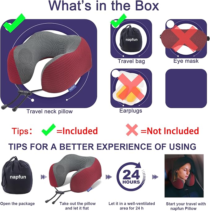 napfun Neck Pillow for Travel, Memory Foam Airplane Pillow, Burgundy | 360° Neck Support, Upgraded 100% Memory Foam for Airplane, Car, Train, Bus, Office Sleep, Travel Essentials for Long Flights - Image 5