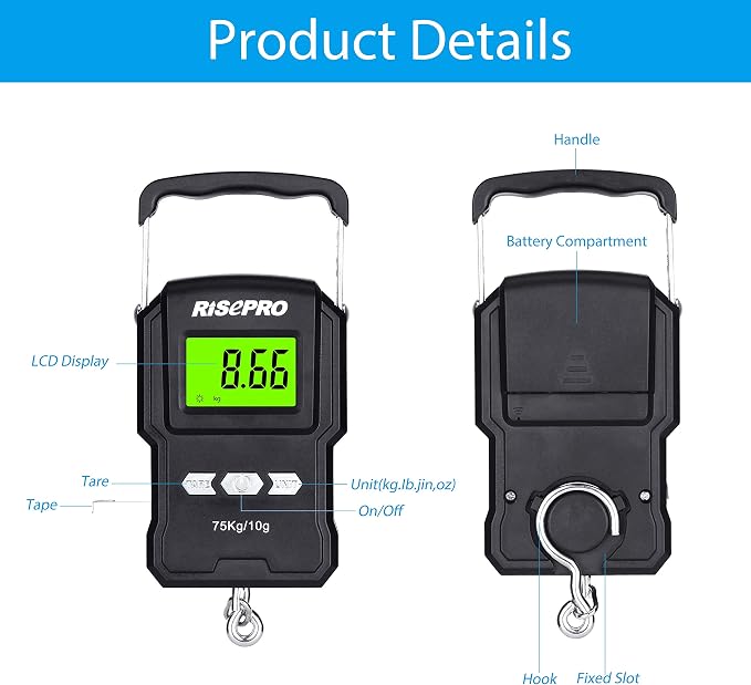 RISEPRO® 75Kg / 165Lb Digital Fish Scale with 39 Inch Ruler Electronic Luggage Balance Fishing Postal Hanging Hook Scale WHA08 - Image 3