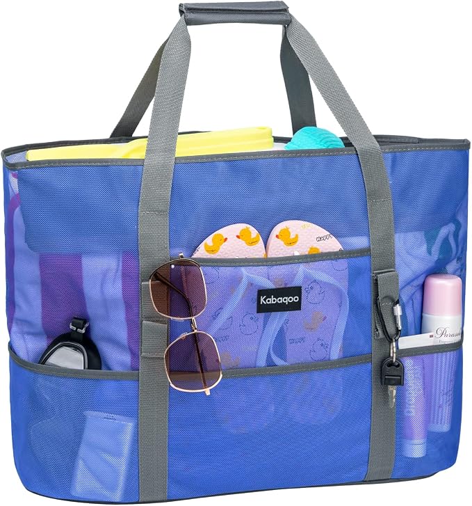 KABAQOO Mesh Beach Bag, Extra Large Beach Bags with 9 Pockets & Zipper Waterproof Lightweight Beach Tote for Beach/Pool Trip by KABAQOO