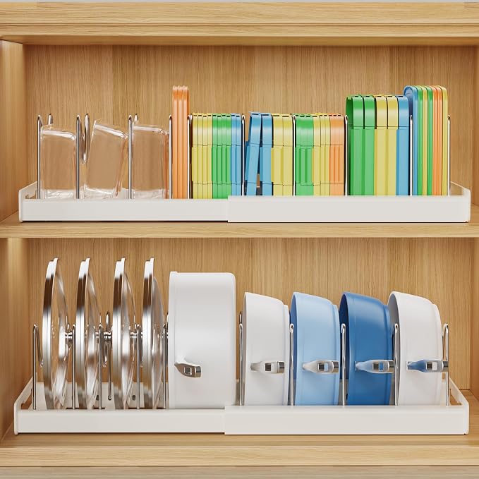 Nigelia 2 Pack Pots and Pans Organizer for Under Cabinet, 22" Expandable Food Storage Container Lid Organizers with 10 Adjustable Dividers Pot Lid Holders Rack Inside Cabinet&Kitchen Countertop(White) - Image 7