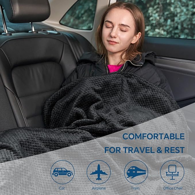 BEDELITE Travel Blanket with Bag, Jacquard Fleece Blanket 65"x40", Black | Ultra-soft Airplane Blanket, Luggage Sleeve & Backpack Clip, Travel Essentials for Women, Foldable as Pillow for Long Flight - Image 7