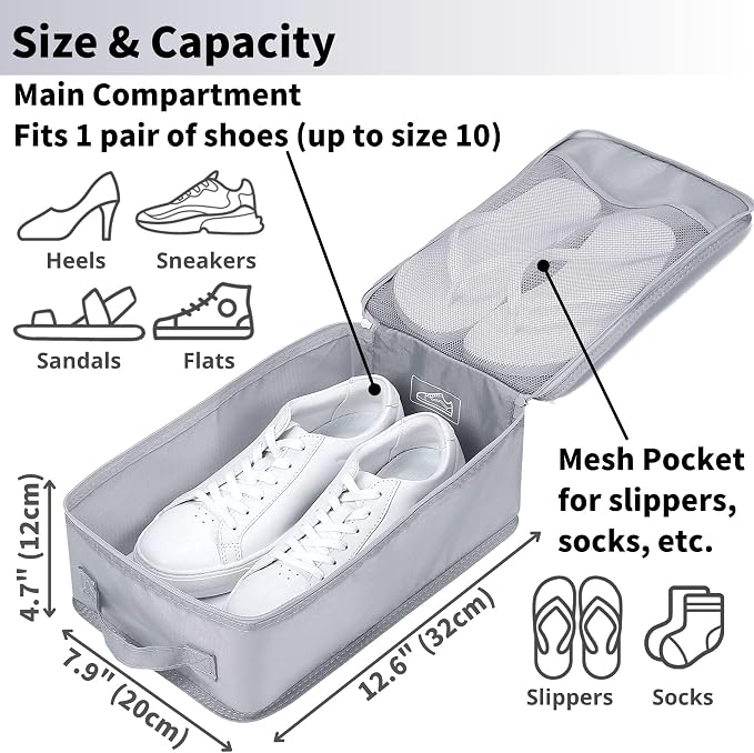 tianzong Travel Shoe Bag with Handle Holds 2 Pairs of Shoes, Shoe Packing Cubes for Travel (Grey, 2 Pack) - Image 3