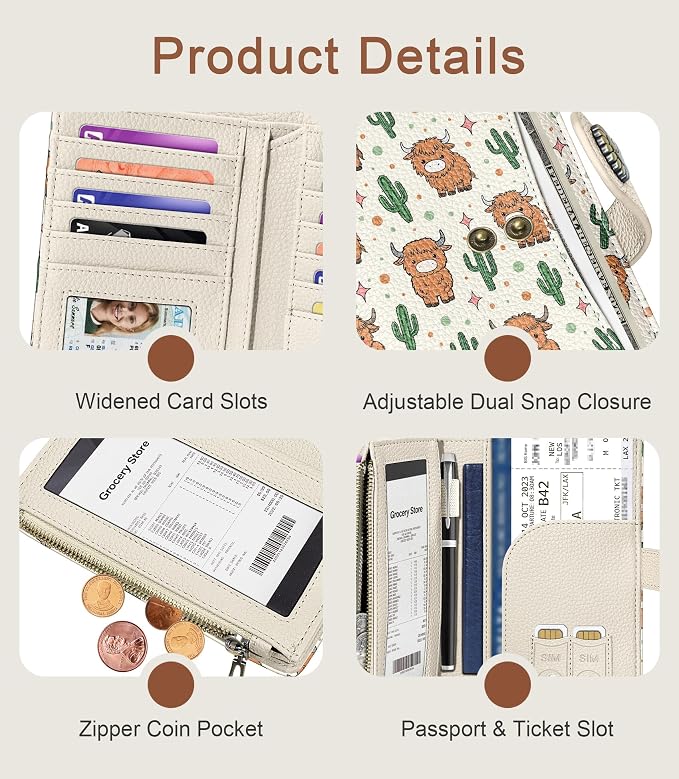 Highland Cow Wallet Women RFID, Passport Holder Credit Card Holder | 6.7" x 4.4" x 1.3" Bifold, Travel billfold, Zipper Pocket, PU Leather, Clutch, Purse, ID Window, Pen Holder, Gift Ladies Girl - Image 6