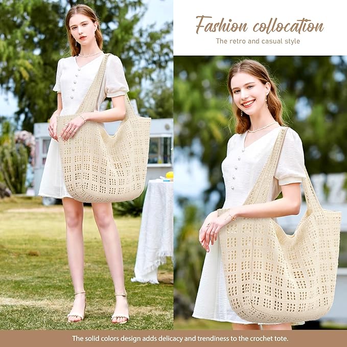 hatisan Crochet Bag for Women, Handmade Knit Beach Tote Bag Summer - Image 2