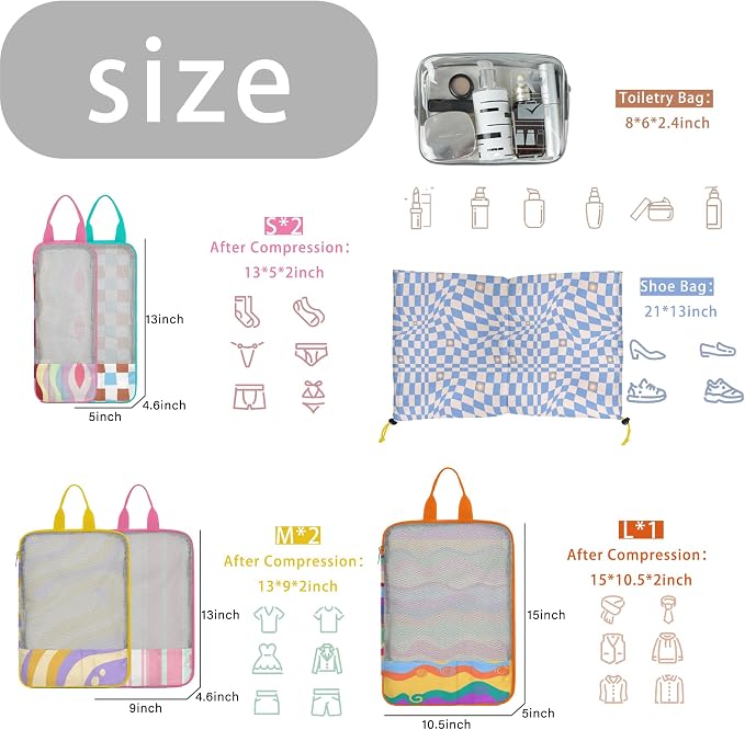 7 Pcs Compression Packing Cubes Travel for Suitcases, Luggage Organizer Washable Storage Bags Set for Backpack Travel- Packaging Cubes for Carry-Ons and Storage - Image 3