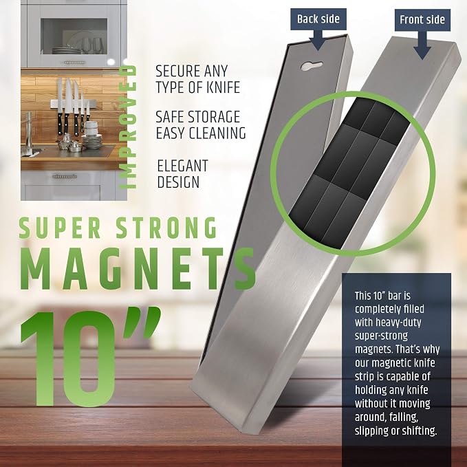 Premium 10 Inch Stainless Steel Magnetic Knife Holder For Wall - Professional Magnetic Knife Strip - Space-Saving Knife Rack/Knife Bar With Powerful Magnetic Pull Force (Upgraded Version) - Image 4