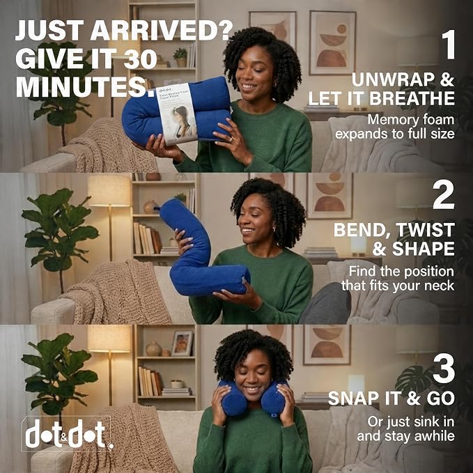 Dot&Dot Twist Memory Foam Travel Pillow, Bendable Neck Pillow for Airplane, Car and Home, 26-Inch Adjustable Roll with Washable Cotton Cover, Sapphire - Image 5