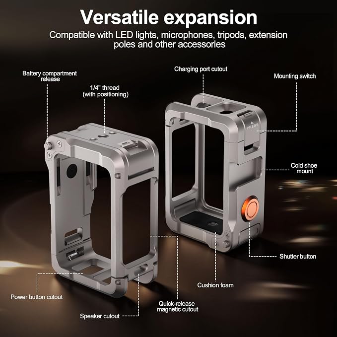 FitStill Metal Protective Case for DJI Osmo Action 6, Multifunction Utility Frame Cage, Quick-Release Metal Cage Protective Frame Housing Sleeve with 1/4" Screw and Cold Shoe, Action 6 Accessories - Image 5