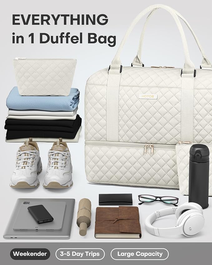 HOTOR Travel Duffel Bag - Weekender Bags for Women, Carry On Gym Tote Bags | with Toiletry Bag & Shoe Compartment, Overnight Bag for Travel Essentials and Travel Accessories, Beige, 13.4"×17.3"×7.9" - Image 6