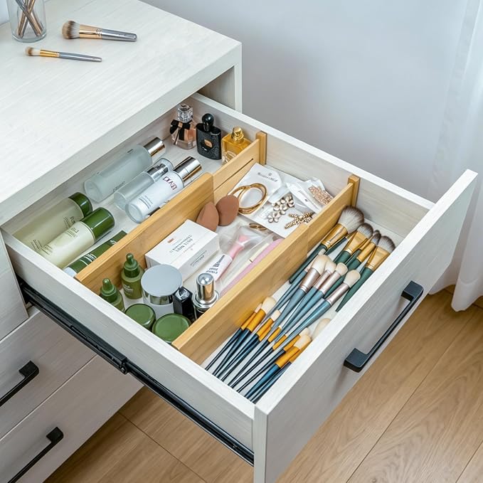 Utoplike Bamboo Dresser Drawer Dividers, Expandable Organizer for Clothing | Adjustable 3.2" High Drawers Separators for Kitchen, Bathroom, Bedroom, Office Storage, 4Pcs, Fit 13.5"-16" Inner Drawer - Image 9