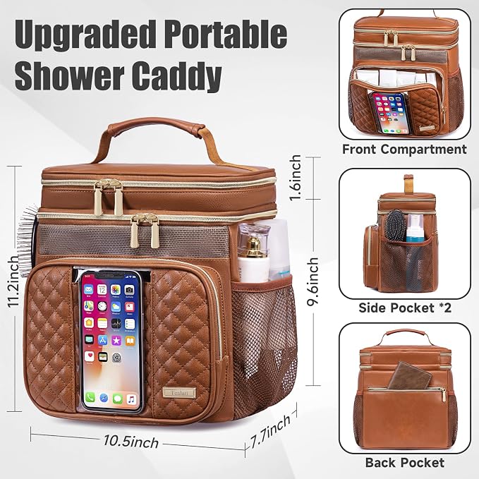 Large Leather Toiletry Bag for Women Men,Bathroom Bag,Water Resistant Shower Bag,Makeup Bag,Portable Shower Caddy for College Dorm,Hanging Travel Toiletry Bag with Transparent Waterproof Phone Pocket - Image 4
